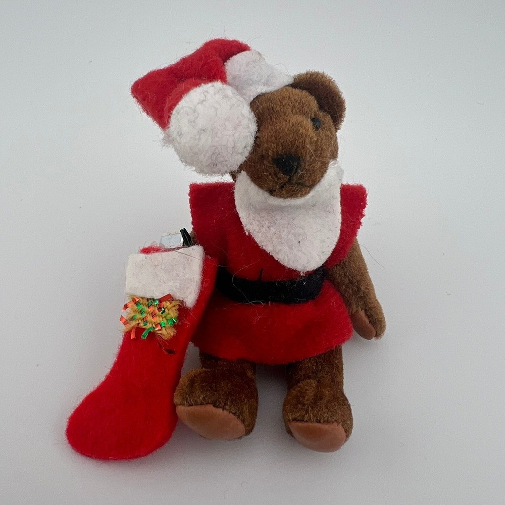 Mini Articulated Santa Bear with Stocking Plush Vintage-Style Ornament Dollhouse